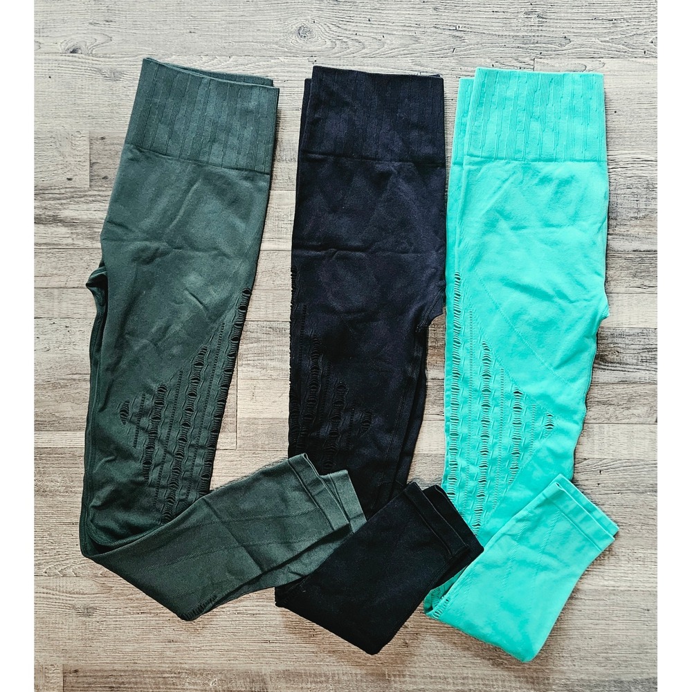 Lot of 3 Seamless Savvi Waisted Leggings Green Black Teal Workout Pants Size M/L